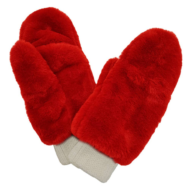 Solid Faux Fur Game Day Mitten Gloves: Red Ivory