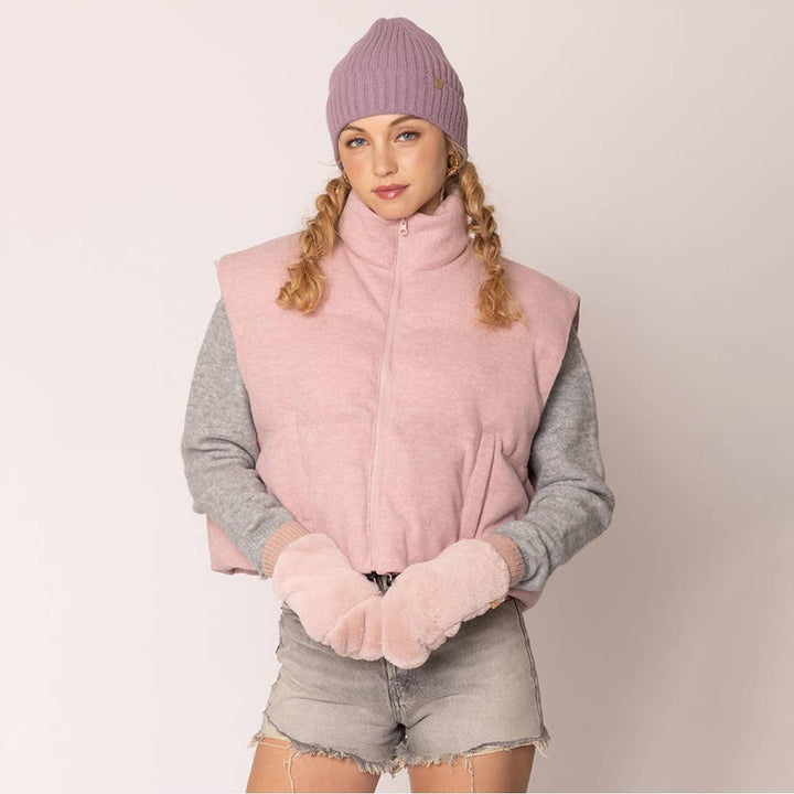 Solid Faux Fur Game Day Mitten Gloves: Red Ivory