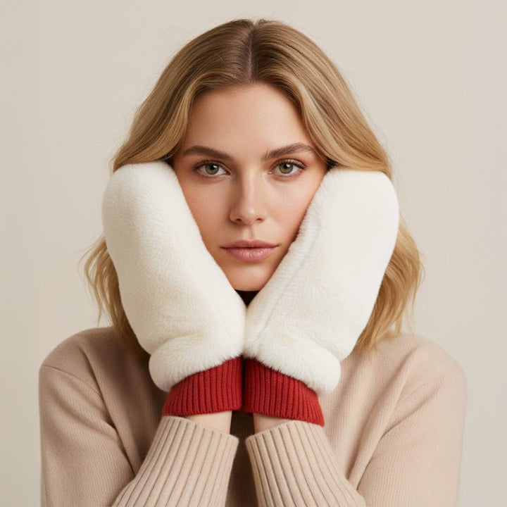 Solid Faux Fur Game Day Mitten Gloves: Red Ivory