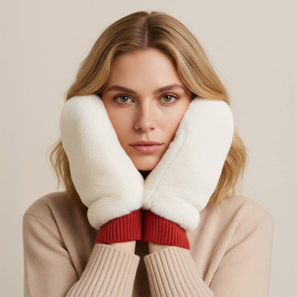 Solid Faux Fur Game Day Mitten: Ivory Red