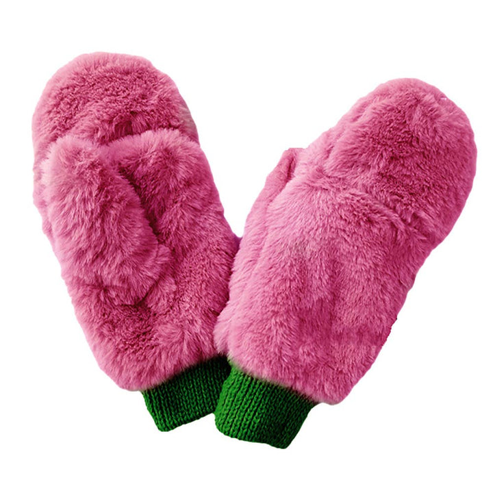 Solid Faux Fur Game Day Mitten: Pink & Green
