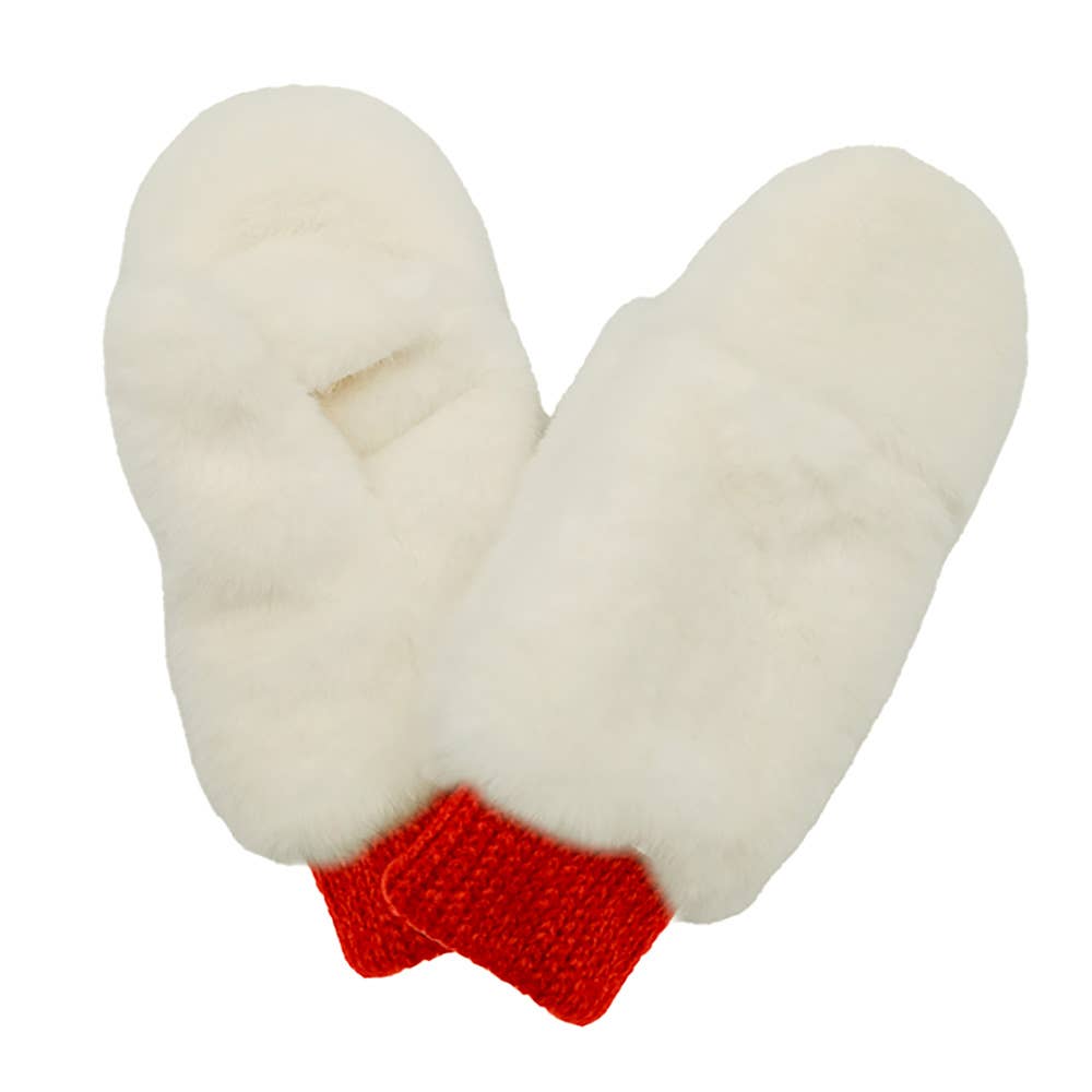 Solid Faux Fur Game Day Mitten Gloves: Red Ivory