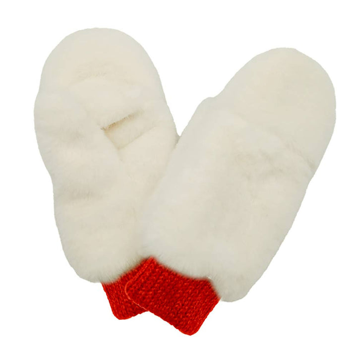 Solid Faux Fur Game Day Mitten Gloves: Red Ivory