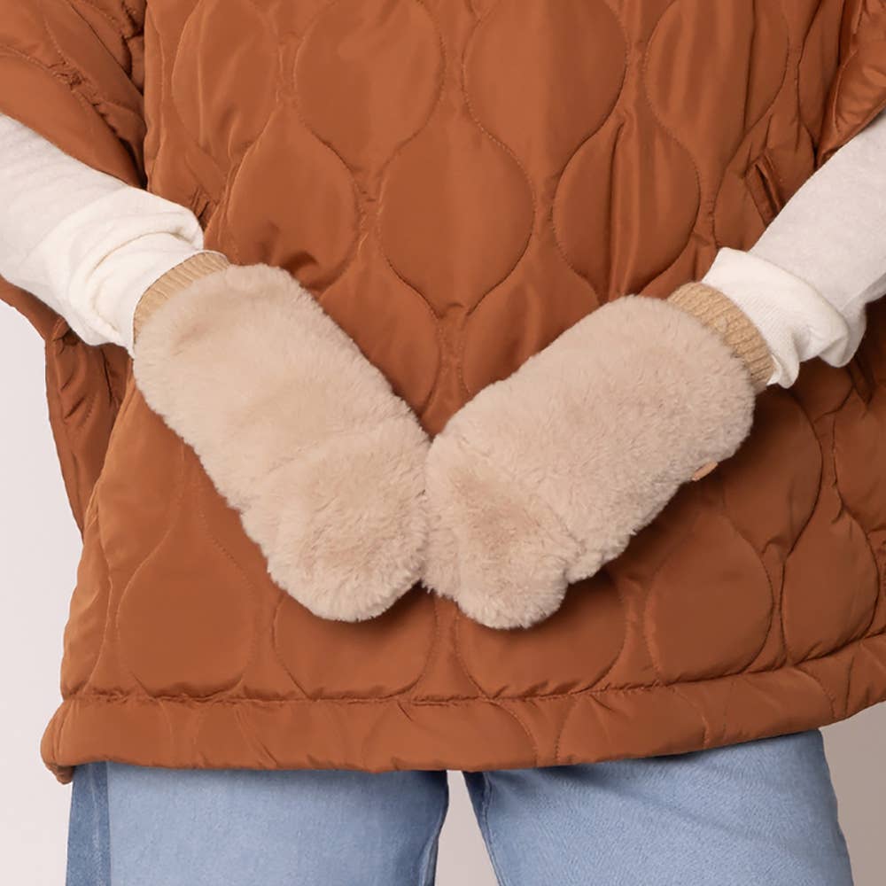 Solid Faux Fur Game Day Mitten Gloves: Red Ivory