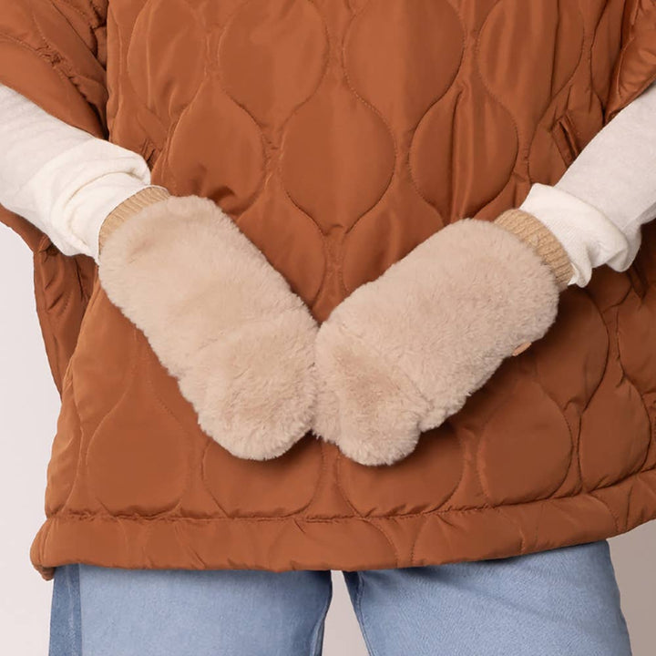 Solid Faux Fur Game Day Mitten Gloves: Red Ivory