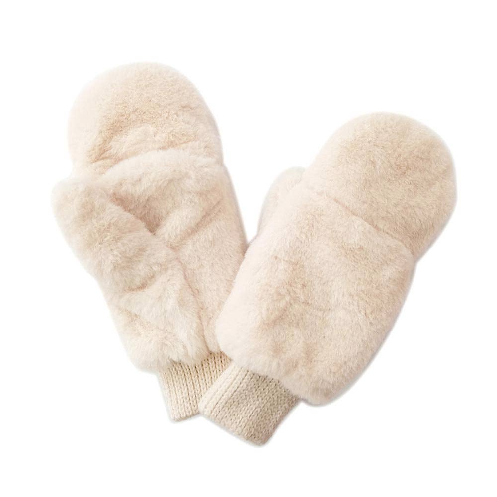 Solid Faux Fur Game Day Mitten Gloves: Red Ivory
