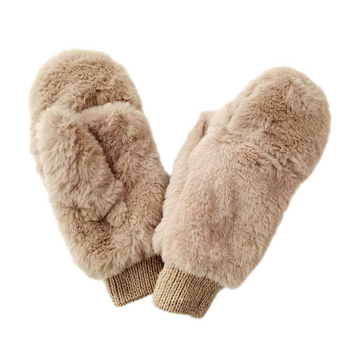 Solid Faux Fur Game Day Mitten Gloves: Red Ivory