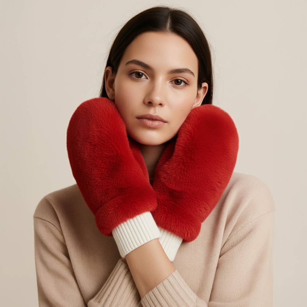 Solid Faux Fur Game Day Mitten Gloves: Red Ivory
