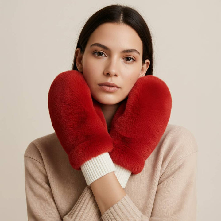 Solid Faux Fur Game Day Mitten Gloves: Red Ivory