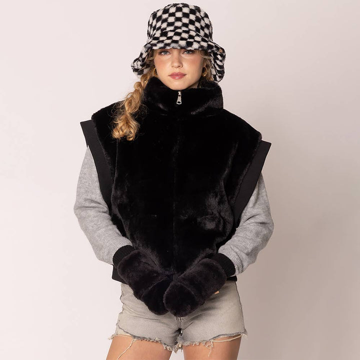 Solid Faux Fur Game Day Mitten Gloves: Red Ivory